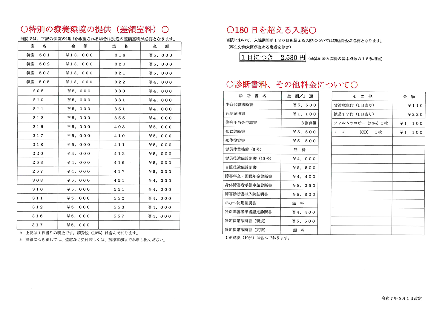 保険外費用
・特別の療養環境の提供（差額室料）
・180日を超える入院
・診断書料、その他料金について